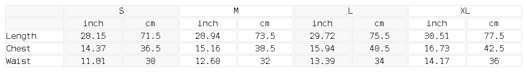 Size chart for the Women's Open-Back Tennis Dress
