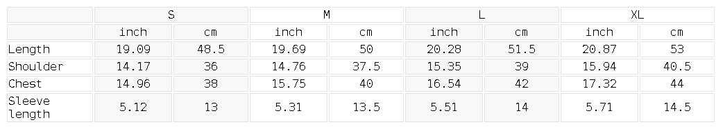 Size chart for the Women's Paneled Crop T-Shirt