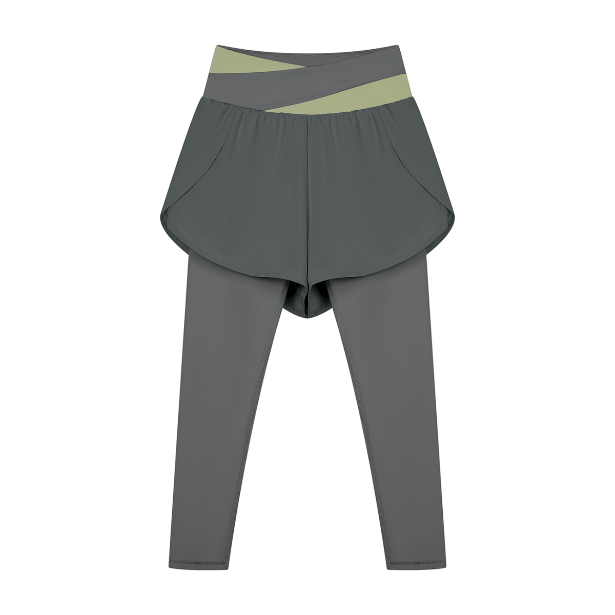 Women's Paneled High Waisted Yoga Leggings in dark gray with bean green