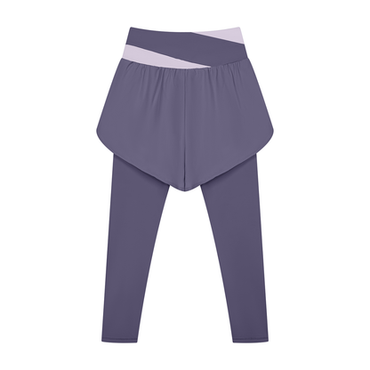 Women's Paneled High Waisted Yoga Leggings in deep purple with light purple, alternate angle