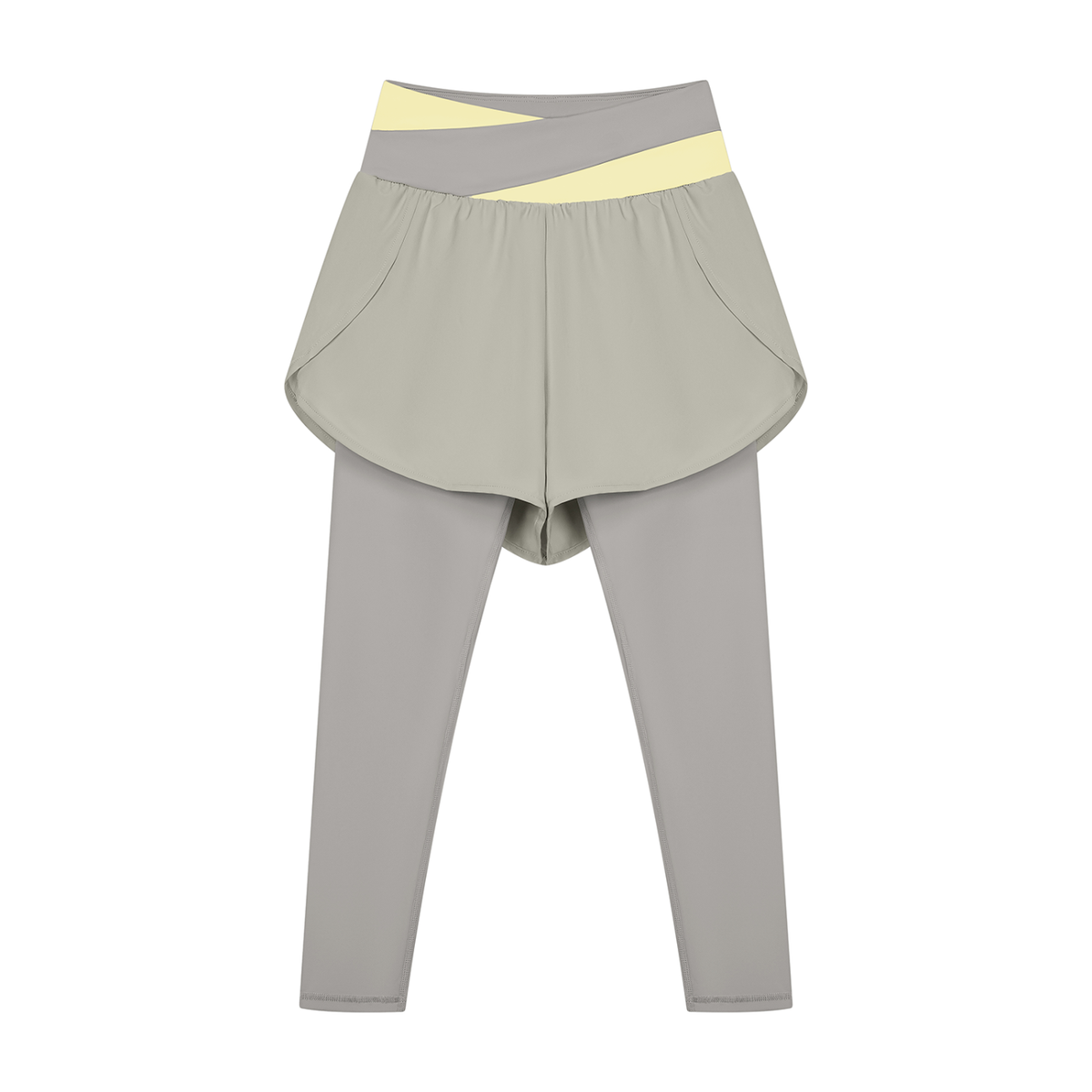 Women's Paneled High Waisted Yoga Leggings in light gray with light yellow
