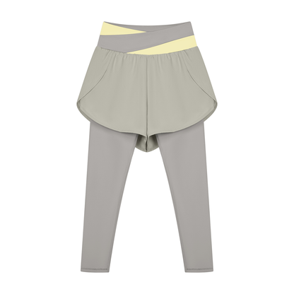 Women's Paneled High Waisted Yoga Leggings in light gray with light yellow