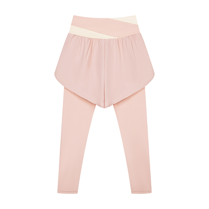 Women's Paneled High Waisted Yoga Leggings in light pink with apricot, alternate angle