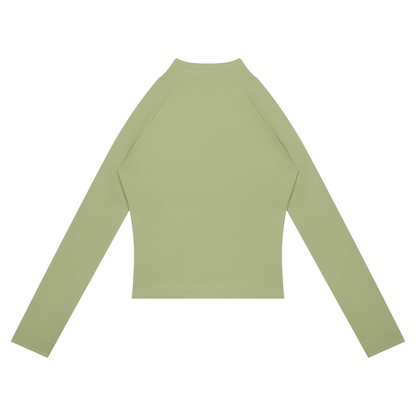 Women's Paneled Yoga Full Zip Jacket in bean green with dark gray, alternate angle