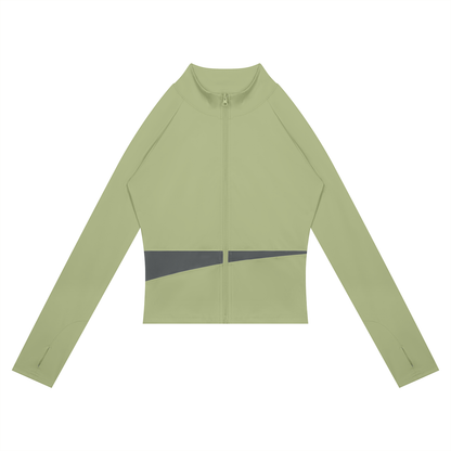 Women's Paneled Yoga Full Zip Jacket in bean green with dark gray