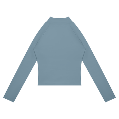 Women's Paneled Yoga Full Zip Jacket in gray blue with navy blue, alternate angle