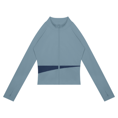 Women's Paneled Yoga Full Zip Jacket in gray blue with navy blue