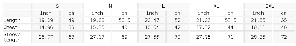 Size chart for the Women's Paneled Yoga Full Zip Jacket