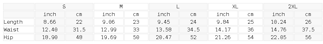 Size chart for the Women's Paneled Yoga Shorts