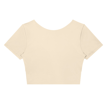 Women's Panelled Crop Yoga T-Shirt in apricot with khaki, alternate angle