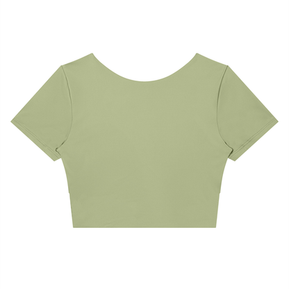 Women's Panelled Crop Yoga T-Shirt in bean green with dark gray, alternate angle