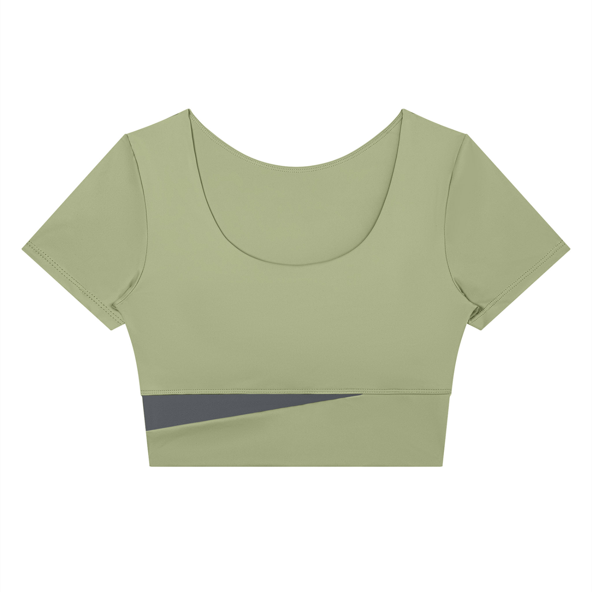Women's Panelled Crop Yoga T-Shirt in bean green with dark gray