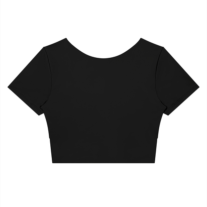 Women's Panelled Crop Yoga T-Shirt in black with dark gray, alternate angle