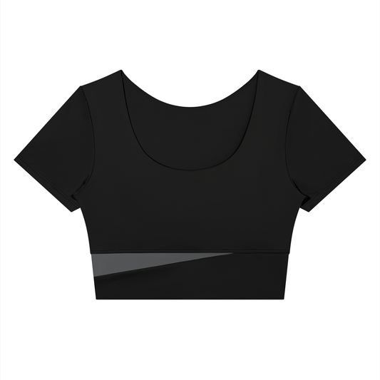Women's Panelled Crop Yoga T-Shirt in black with dark gray