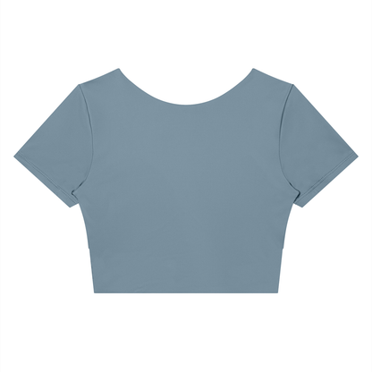 Women's Panelled Crop Yoga T-Shirt in gray blue with navy blue, alternate angle