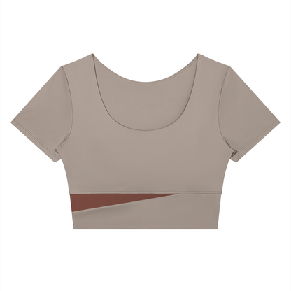 Women's Panelled Crop Yoga T-Shirt in gray purple with brick red