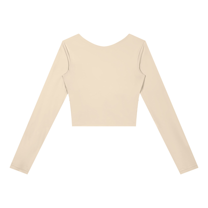 Women's Panelled Long Sleeve Yoga T-Shirt in apricot with khaki, alternate angle