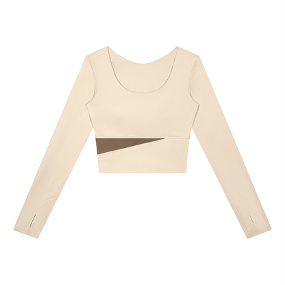 Women's Panelled Long Sleeve Yoga T-Shirt in apricot with khaki