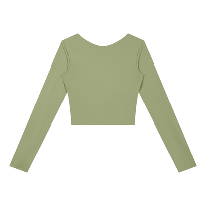 Women's Panelled Long Sleeve Yoga T-Shirt in bean green with dark gray, alternate angle