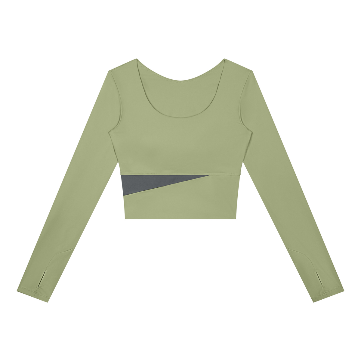 Women's Panelled Long Sleeve Yoga T-Shirt in bean green with dark gray