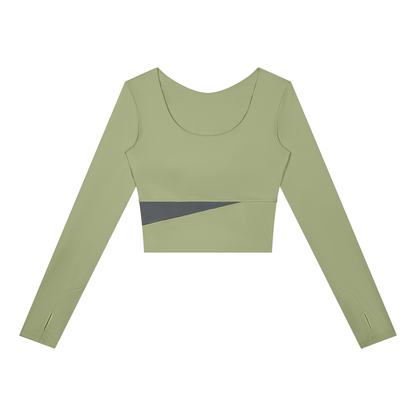 Women's Panelled Long Sleeve Yoga T-Shirt in bean green with dark gray