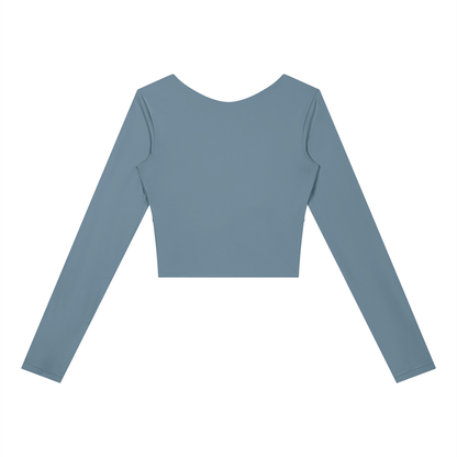 Women's Panelled Long Sleeve Yoga T-Shirt in gray blue with navy blue, alternate angle
