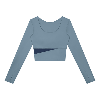 Women's Panelled Long Sleeve Yoga T-Shirt in gray blue with navy blue