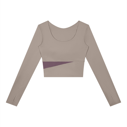 Women's Panelled Long Sleeve Yoga T-Shirt in gray purple with misty purple