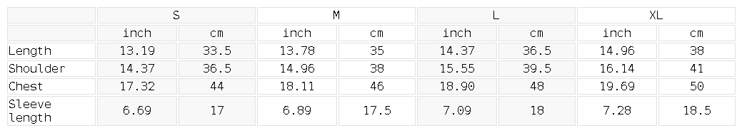 Size chart for the Women's Piping Baseball Jersey