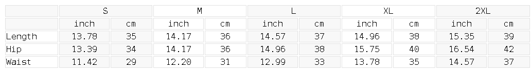 Size chart for the Women's Pleated Yoga Skort