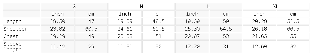 Size chart for the Women's Quarter Zip Crop Sweatshirt