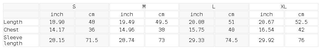 Size chart for the Women's Quarter-Zip T-Shirt