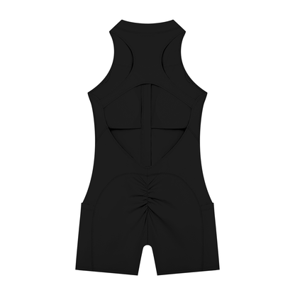 Women's Quarter-Zip Yoga Romper in black, alternate angle