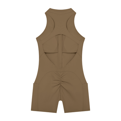 Women's Quarter-Zip Yoga Romper in coffee, alternate angle