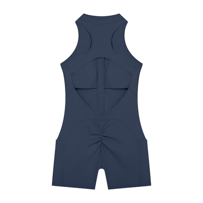 Women's Quarter-Zip Yoga Romper in navy blue, alternate angle