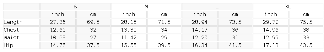 Size chart for the Women's Quarter-Zip Yoga Romper