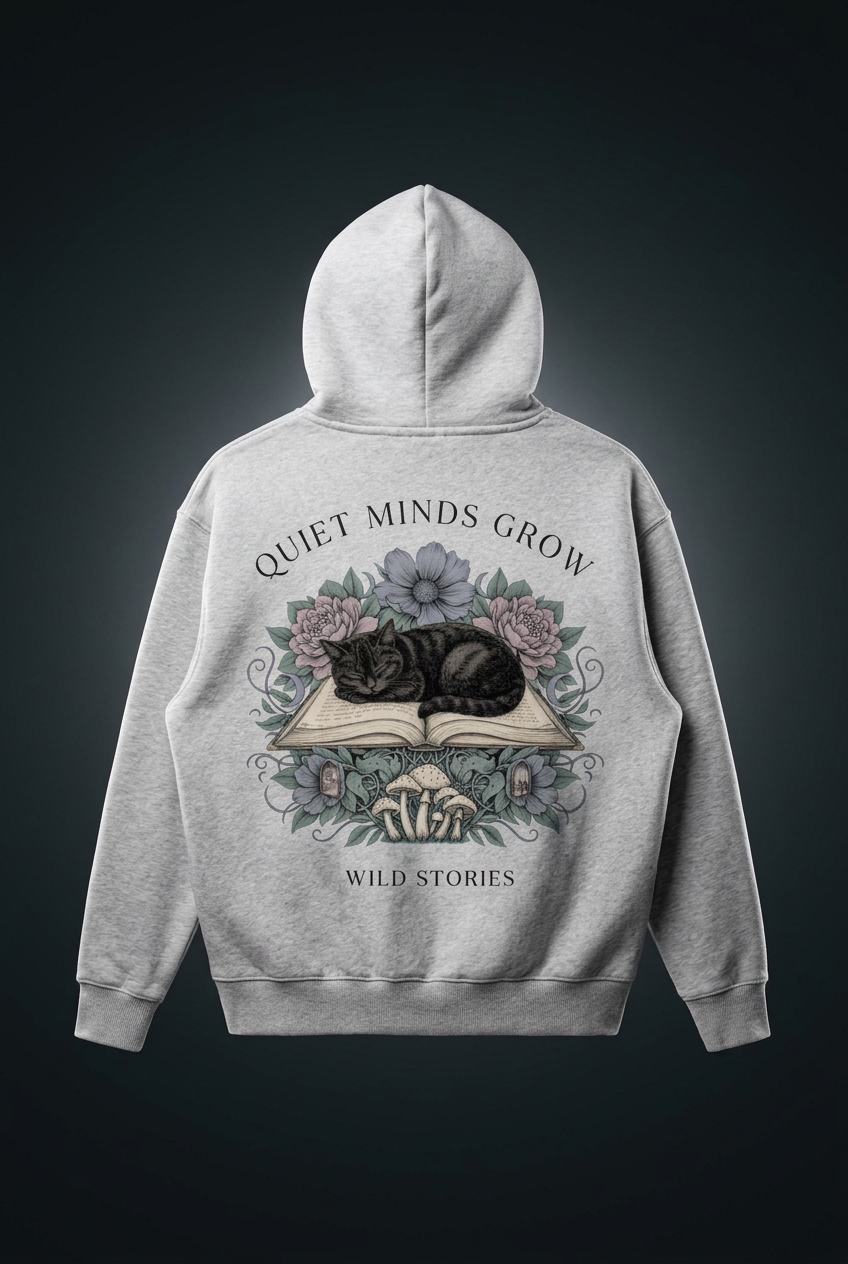 Unisex oversized boxy fleece hoodie with a sleeping black cat on an open book among flowers, Quiet Minds Grow, Wild Stories back print