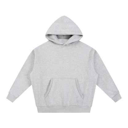 Unisex oversized boxy fleece hoodie with a sleeping black cat on an open book among flowers, Quiet Minds Grow, Wild Stories back print