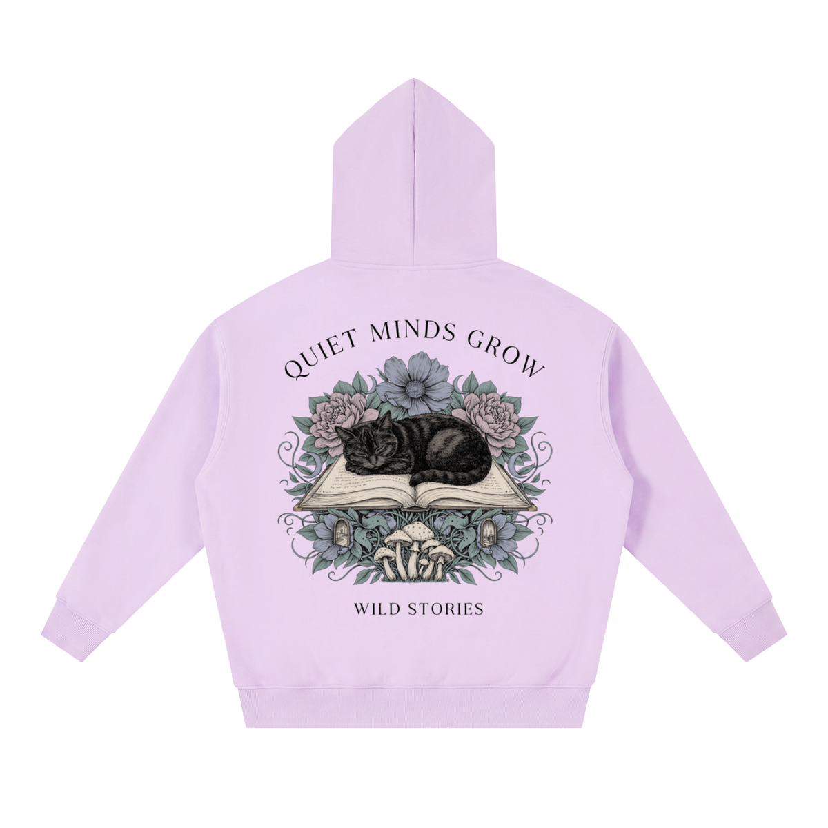 Unisex oversized boxy fleece hoodie with a sleeping black cat on an open book among flowers, Quiet Minds Grow, Wild Stories back print