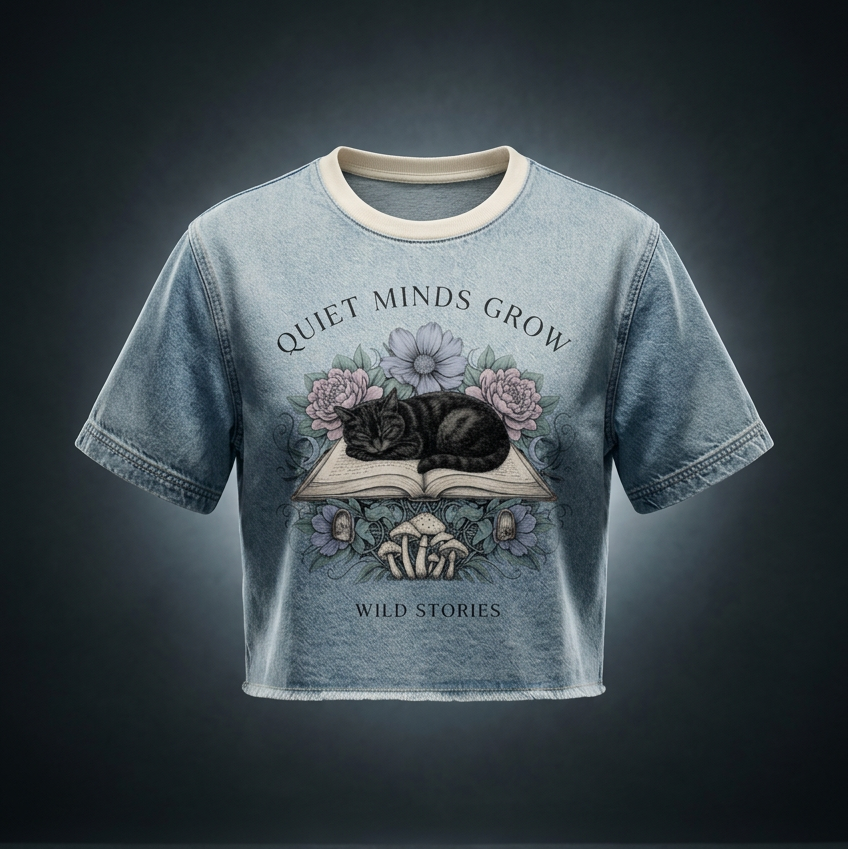 Unisex vintage-wash boxy tee with a raw hem with a sleeping black cat on an open book among flowers, Quiet Minds Grow, Wild Stories front print