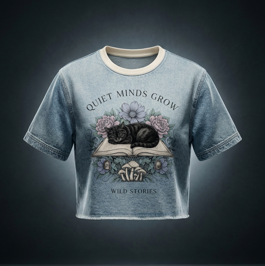 Unisex vintage-wash boxy tee with a raw hem with a sleeping black cat on an open book among flowers, Quiet Minds Grow, Wild Stories front print