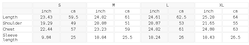 Size chart for the vintage-wash boxy tee with a raw hem