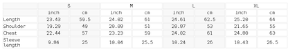 Size chart for the vintage-wash boxy tee with a raw hem