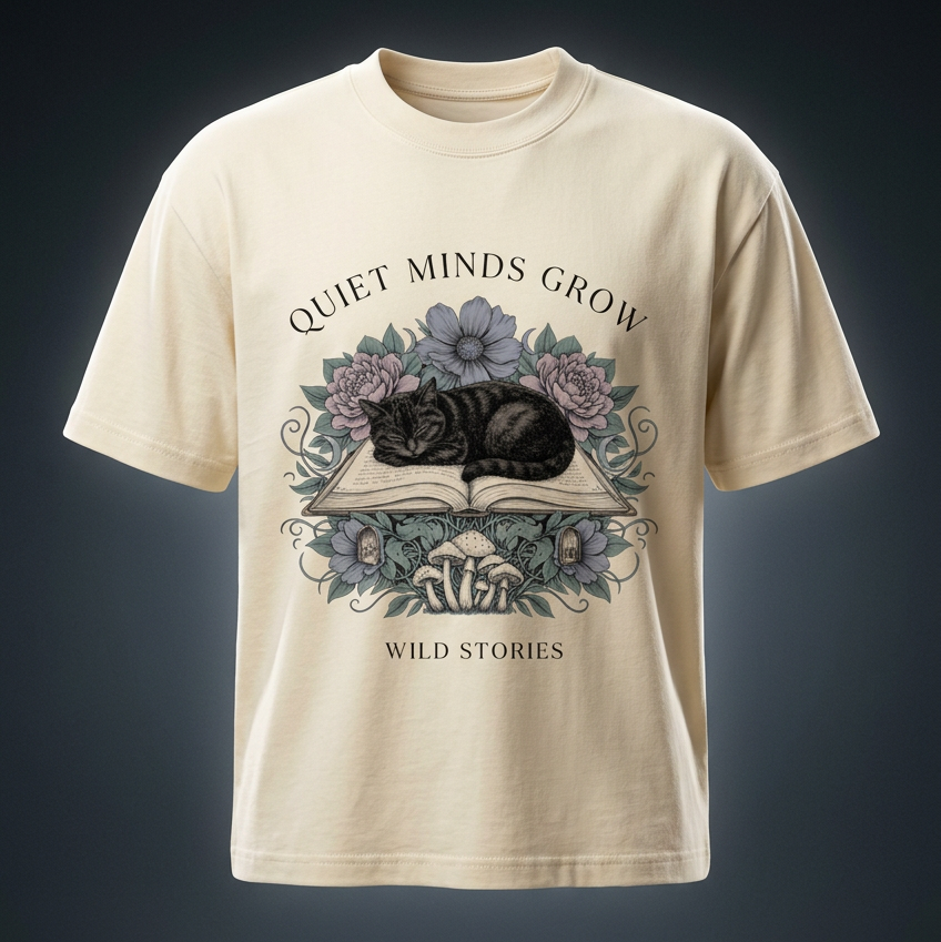 Unisex oversized heavyweight cotton tee with a sleeping black cat on an open book among flowers, Quiet Minds Grow, Wild Stories front print