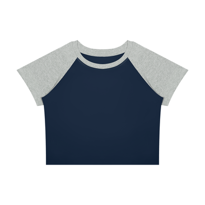 Women's Raglan Color Block Baby T-Shirt in navy blue with flower gray