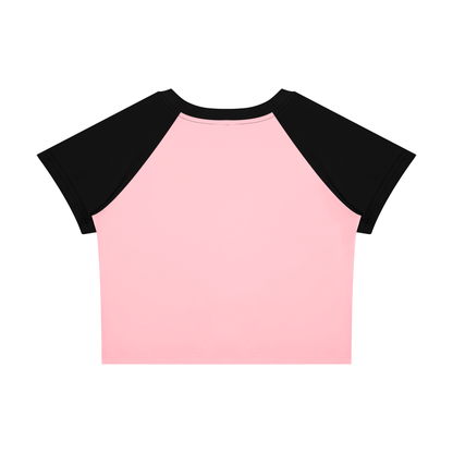 Women's Raglan Color Block Baby T-Shirt in pink with black, alternate angle