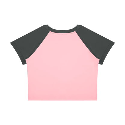 Women's Raglan Color Block Baby T-Shirt in pink with dark gray, alternate angle