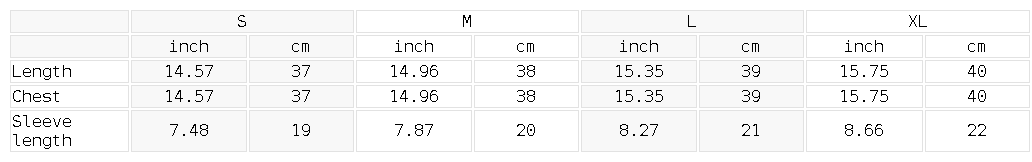 Size chart for the Women's Raglan Color Block Baby T-Shirt