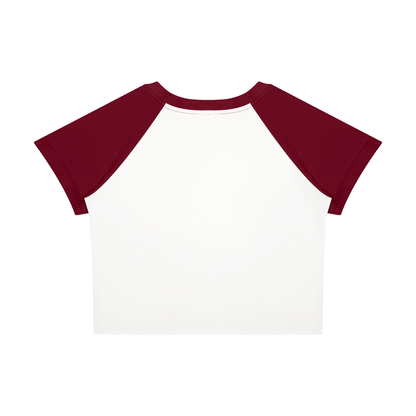 Women's Raglan Color Block Baby T-Shirt in white with wine red, alternate angle