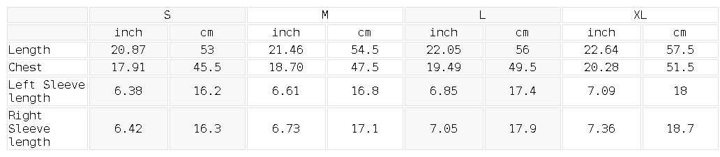 Size chart for the Women's Raglan Off-the-Shoulder T-Shirt